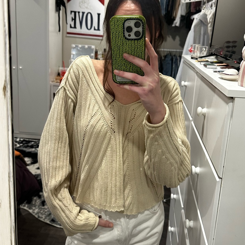 Free People Cream Knit V-Neck Sweater